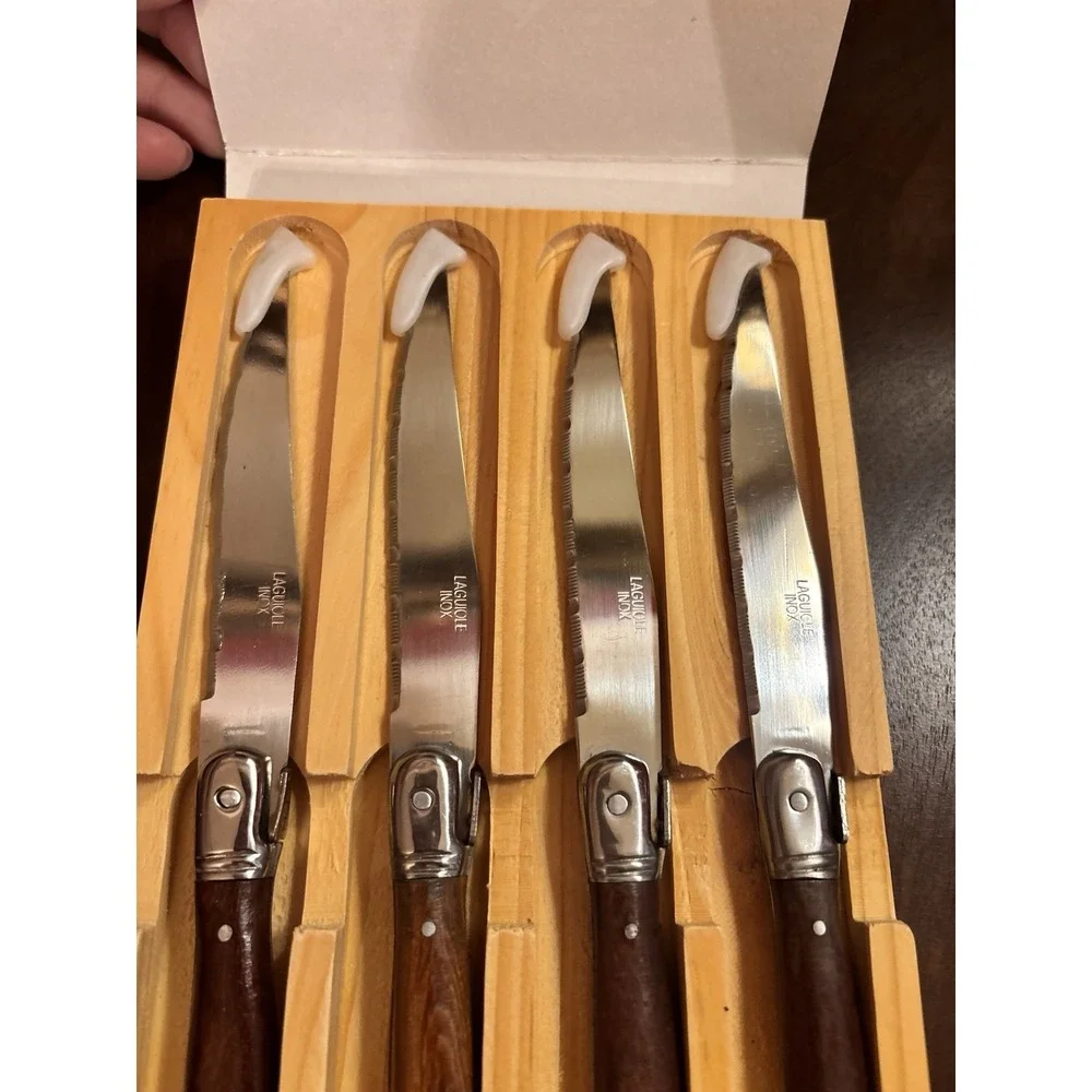 Laguiole 4 Pc Steak Knife Set Wood Handle Stainless Serrated Blades NIB Vintage